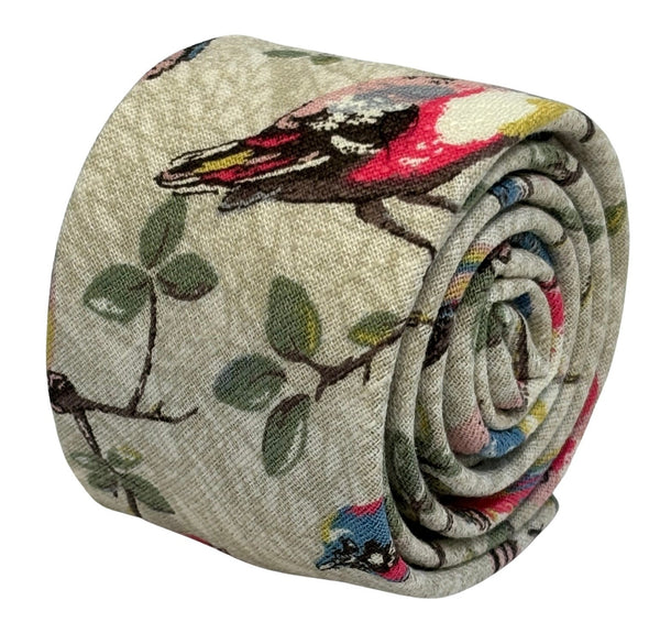 grey greige floral cotton tie  with bird robin bluetit design
